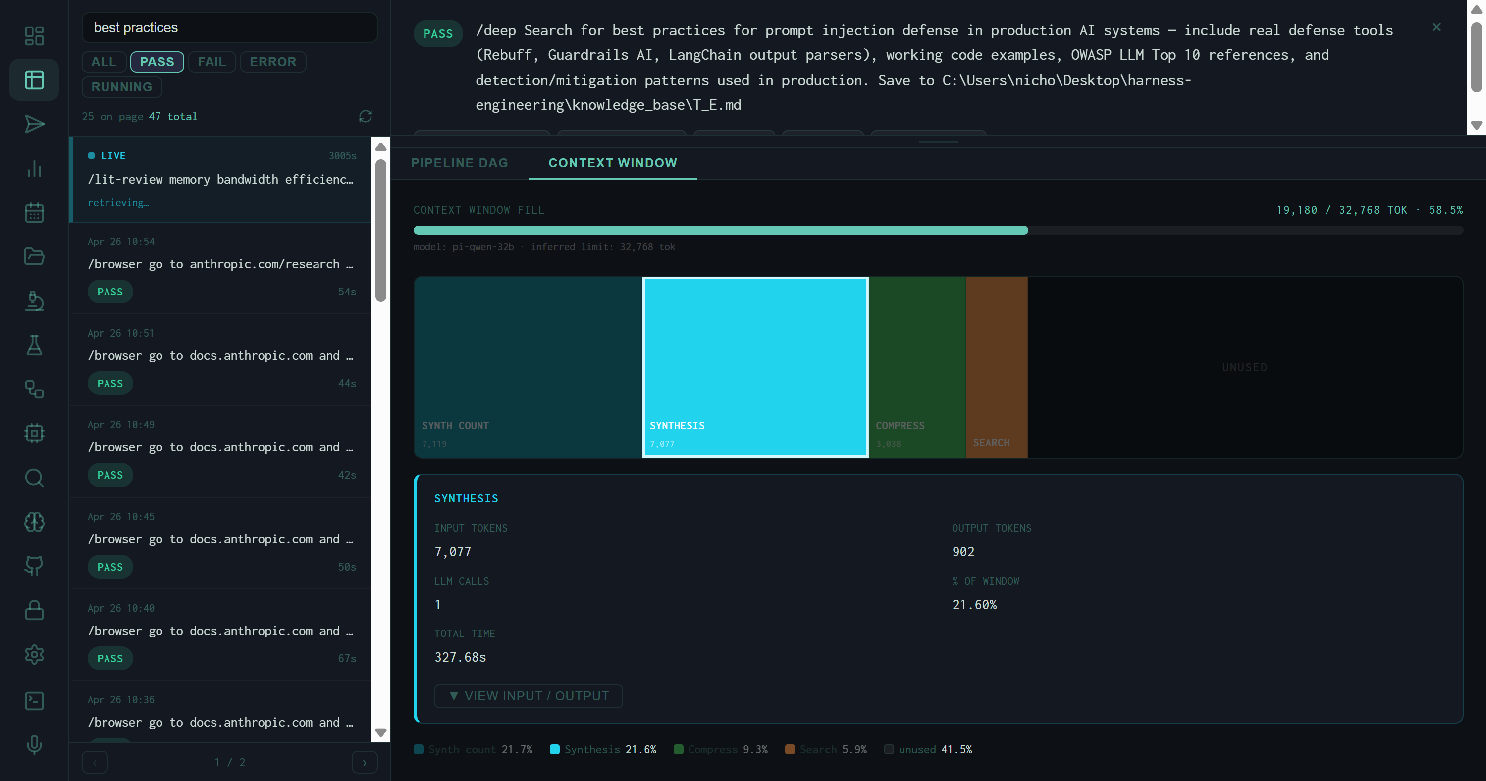 Context Window with SYNTHESIS segment selected showing detail panel: 7,077 input tokens, 902 output, 1 LLM call, 21.60% of window, 327.68s total time