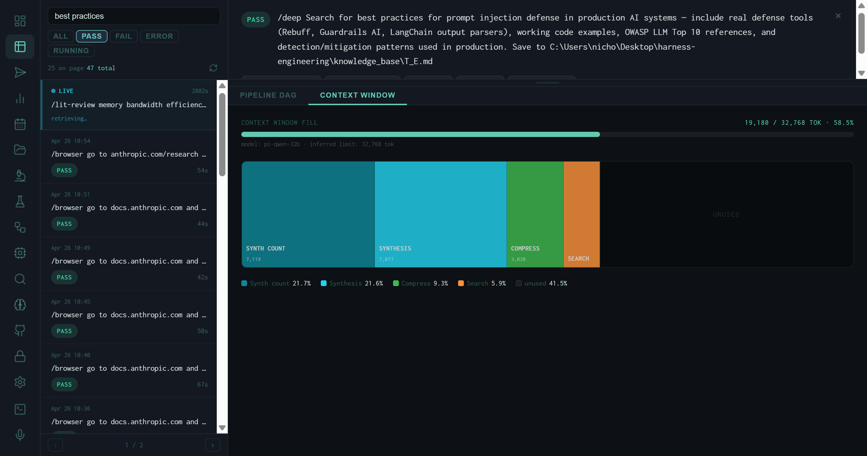 Context Window tab for a best_practices PASS run showing treemap of SYNTH COUNT 21.7%, SYNTHESIS 21.6%, COMPRESS 9.3%, SEARCH 5.9%, unused 41.5% — fill 19,180 / 32,768 tokens at 58.5%