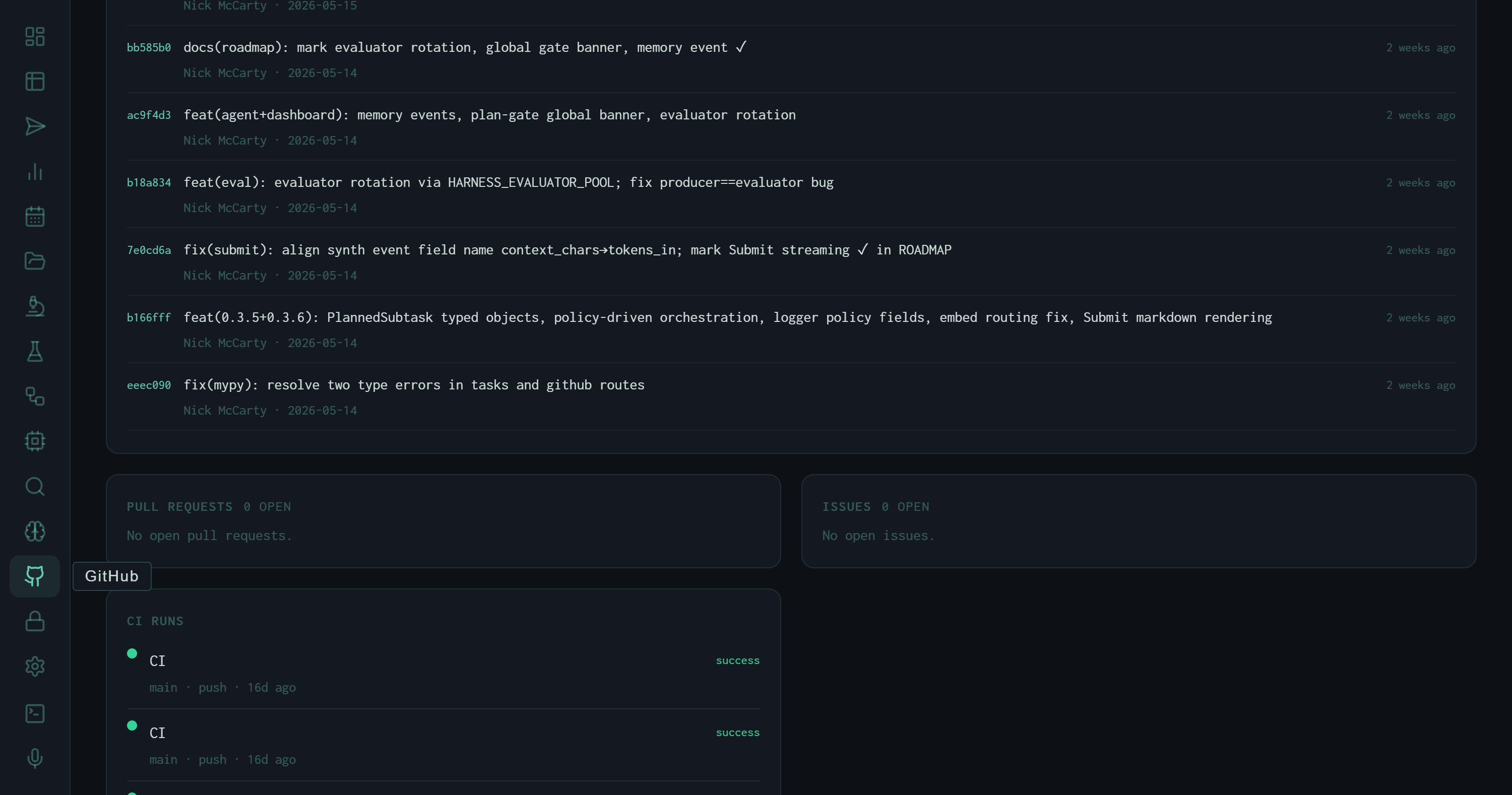 GitHub view mid-section showing PRs (0 open), Issues (0 open), and CI runs with success status