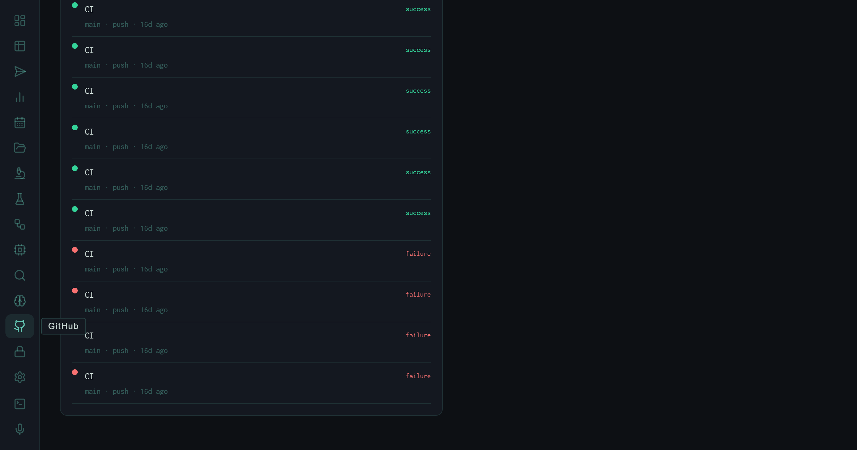 CI run history showing a sequence of success and failure statuses