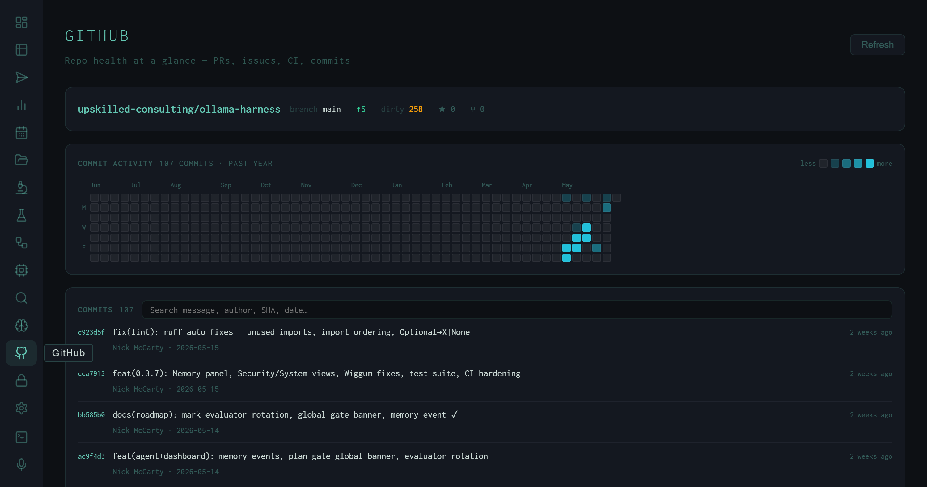 GitHub view showing repo header with branch status, commit heatmap, and commit list