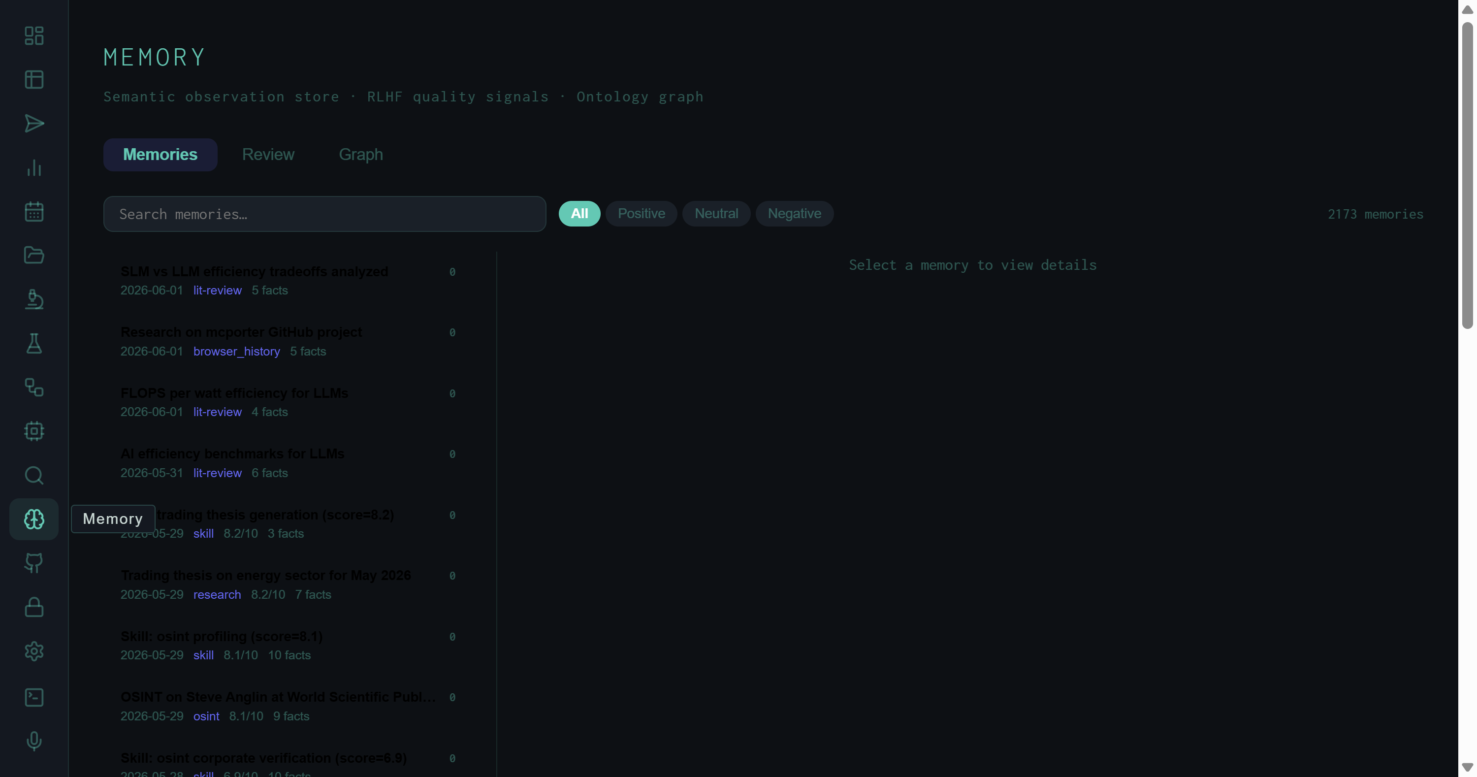 Memory list view showing 2,173 memories with type badges and quality scores