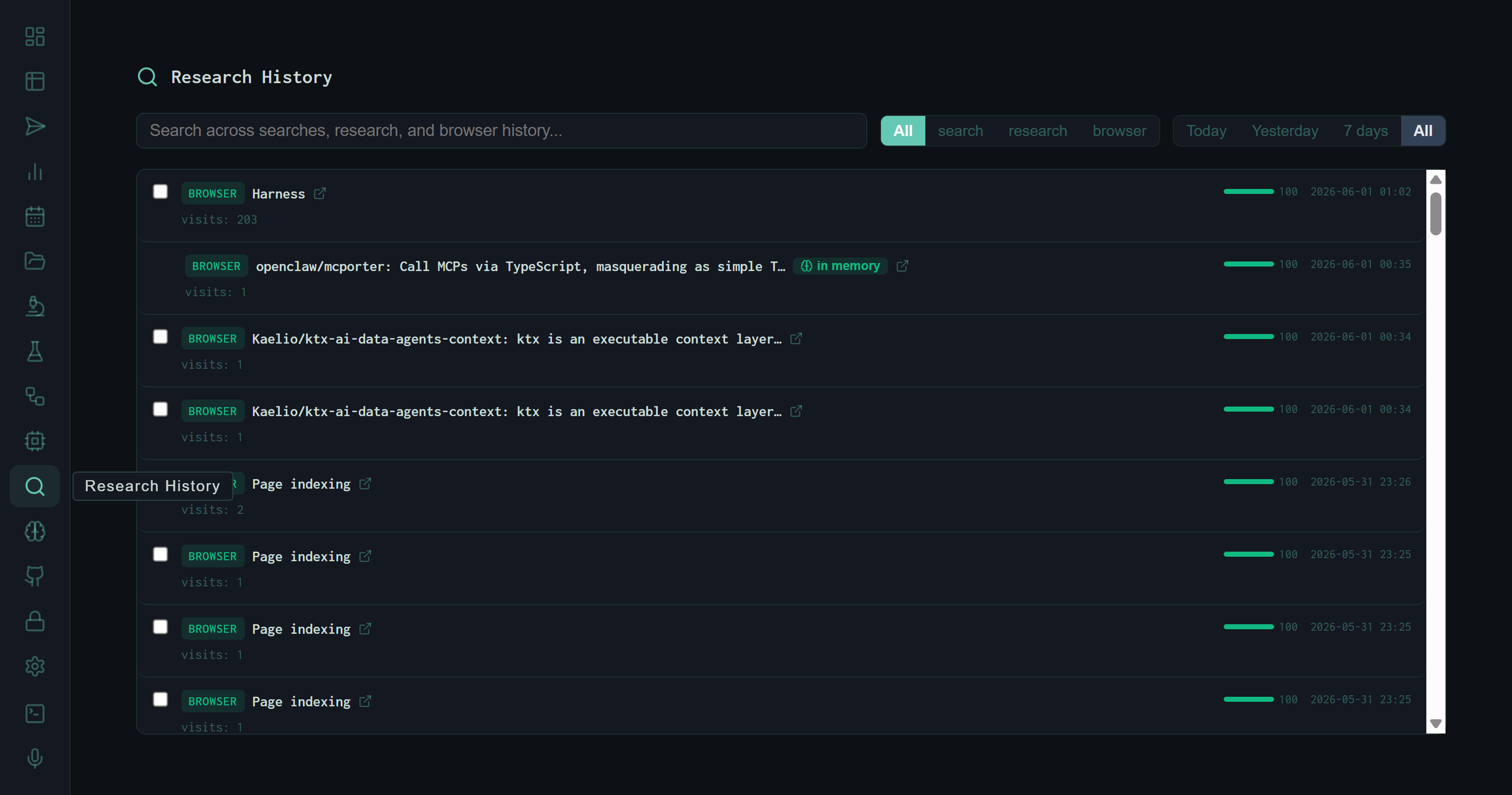 Research History view showing the unified timeline with BROWSER entries, in-memory link, filter buttons, and time window selectors
