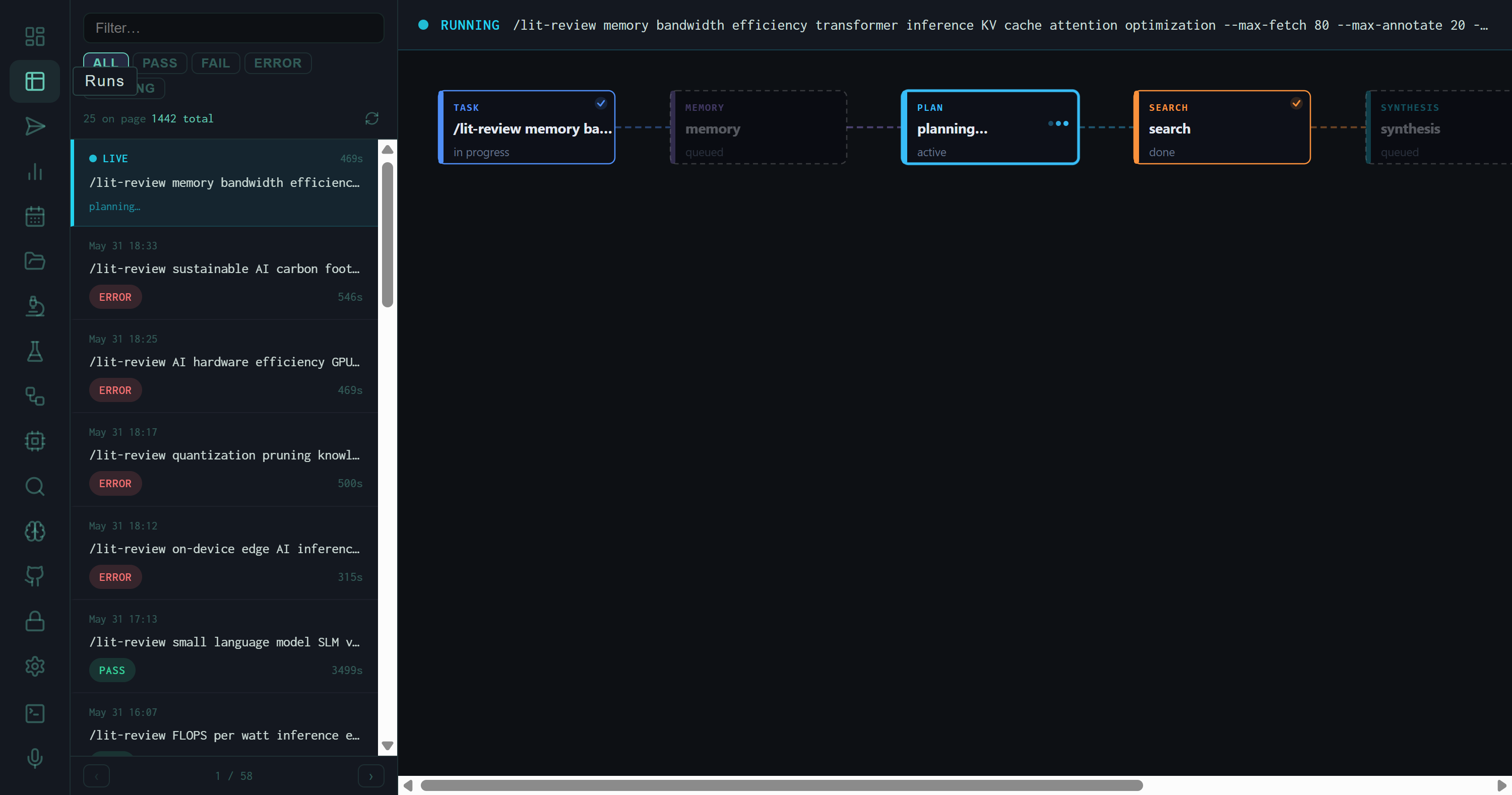 Runs view showing live pipeline stage visualization and run list with PASS/ERROR badges