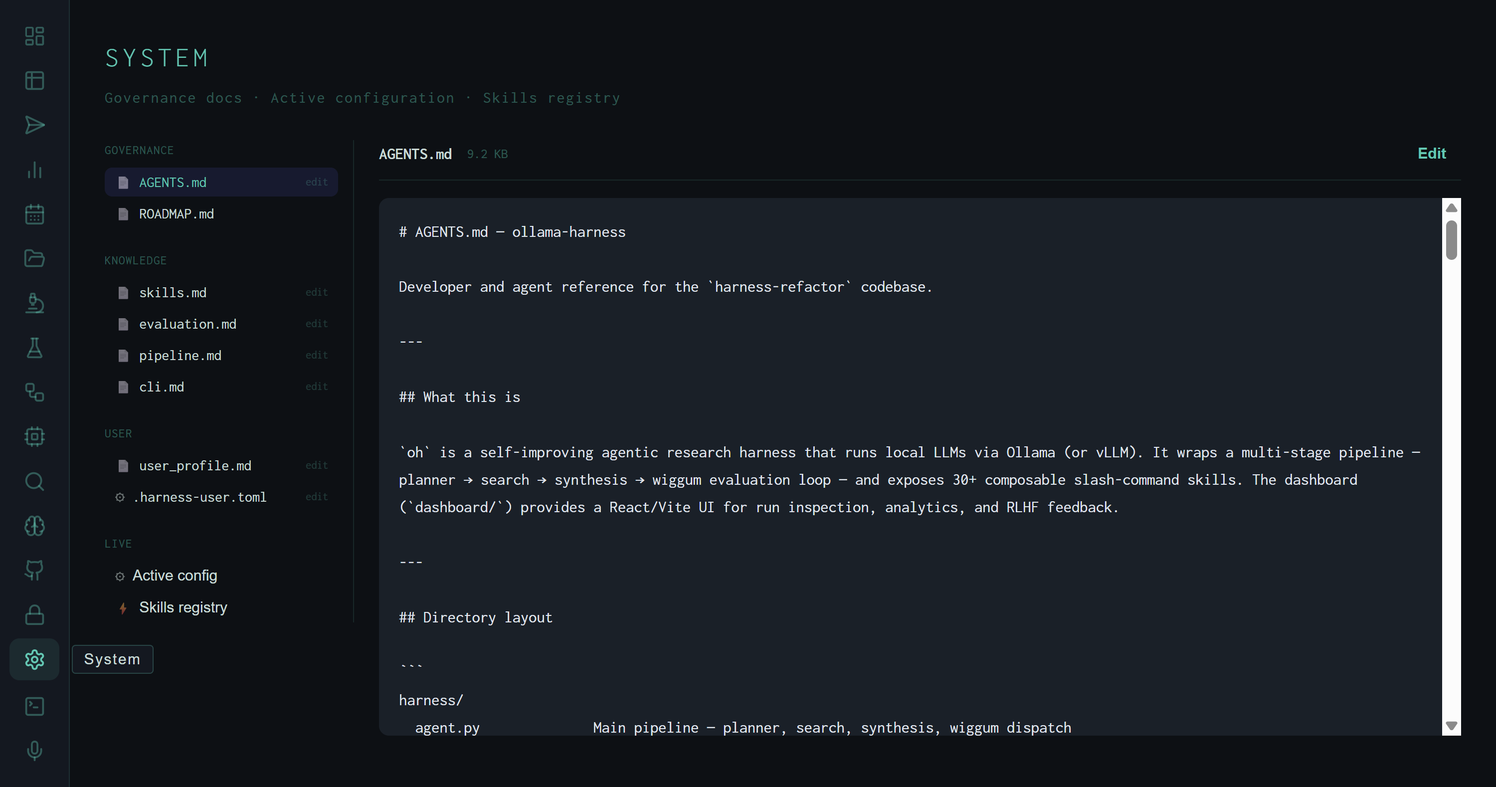 System view showing GOVERNANCE, KNOWLEDGE, and USER file groups in the left sidebar and AGENTS.md content in the main pane
