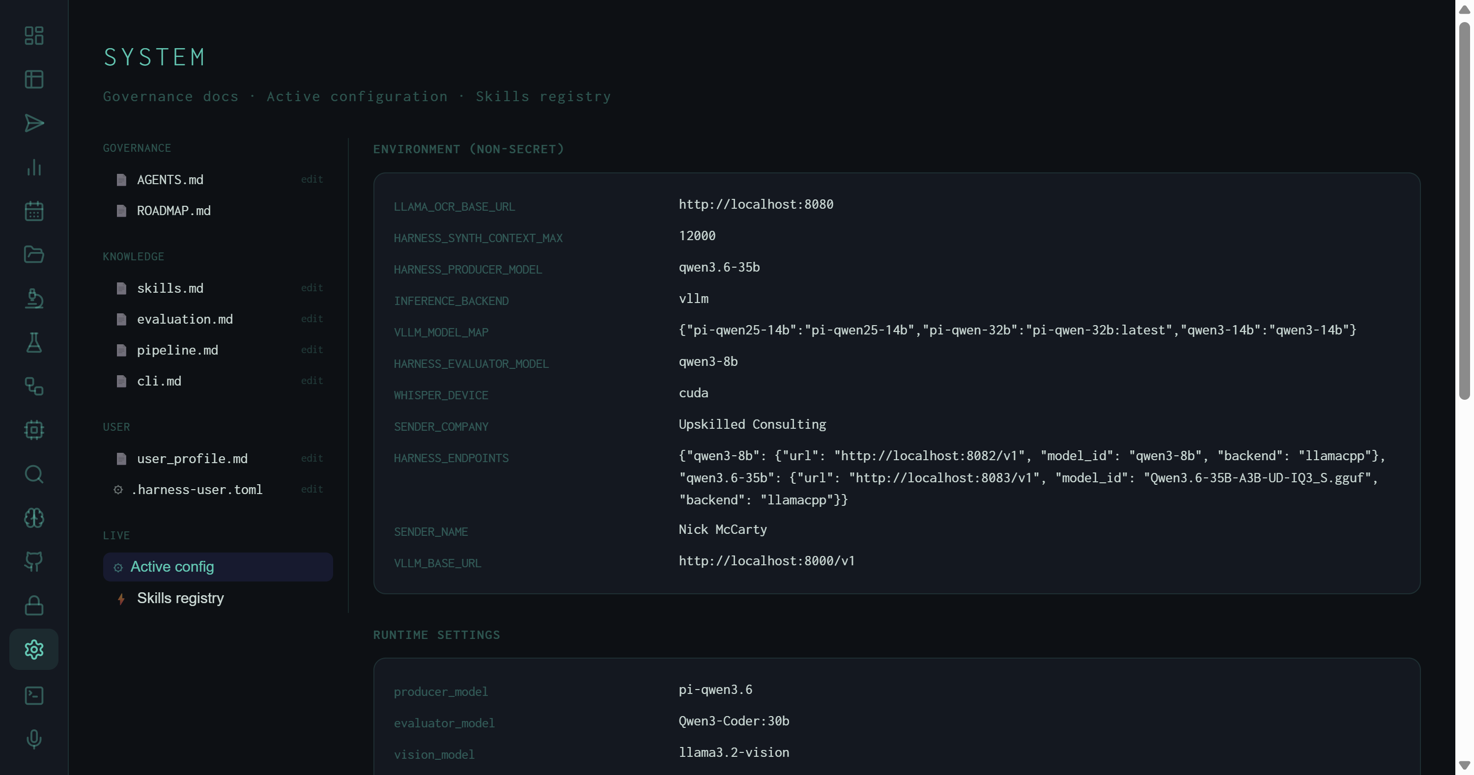 Active config pane showing Environment non-secret section with HARNESS_ENDPOINTS and other vars, and Runtime settings below
