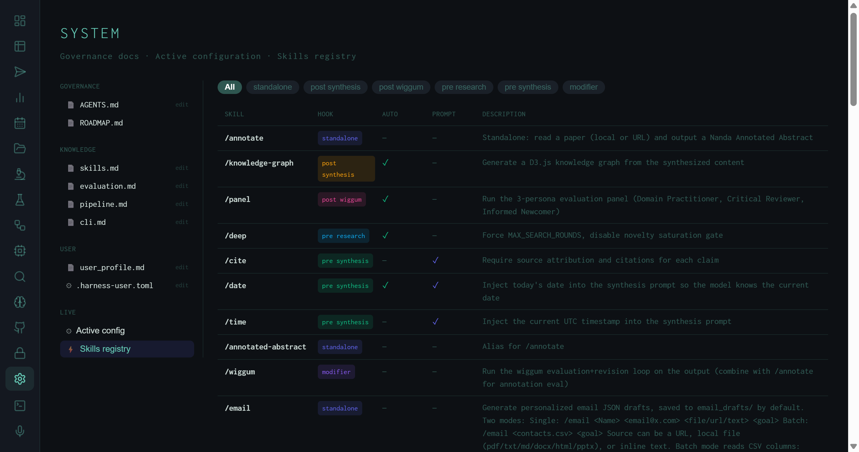 Skills registry showing hook filter chips at top and skill rows with name, hook chip, auto, prompt, and description columns