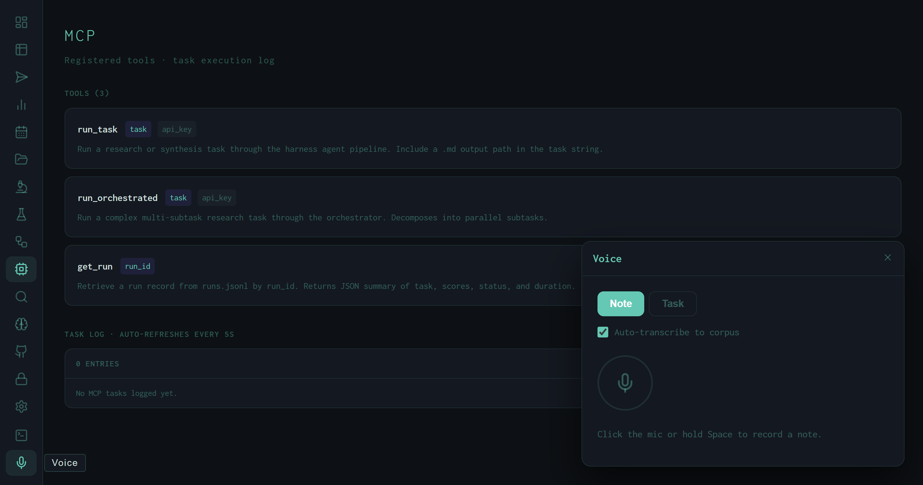 Voice panel floating over the MCP view, showing Note/Task toggle buttons, Auto-transcribe checkbox, circular mic FAB button, and status text
